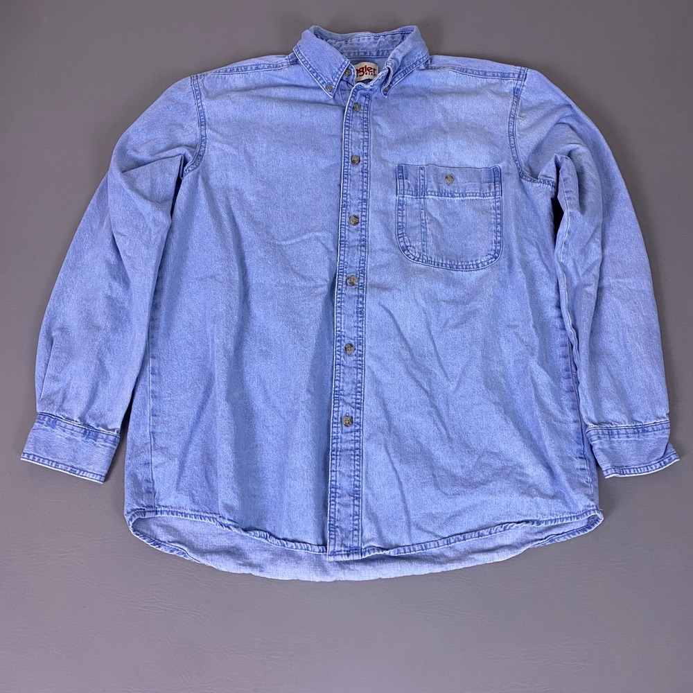 Wrangler Rugged Wear Button Down Shirt Mens Large Blue Denim Long Sleeve Cotton*